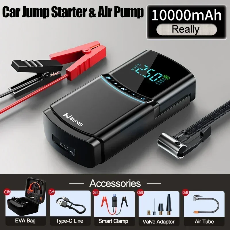 BUVAYE Car Jump Starter 2000A Air Compressor Pump 150PSI Power Bank 10000mAh Battery Booster 12V Digital Auto Tyre Inflator