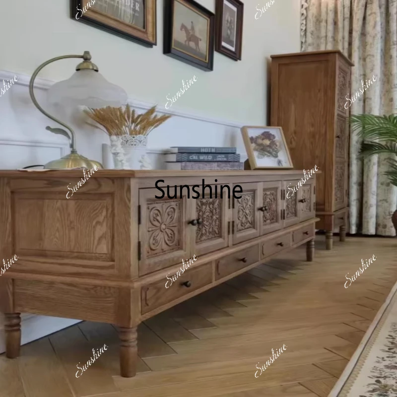 

French retro solid wood TV cabinet living room wall storage decoration