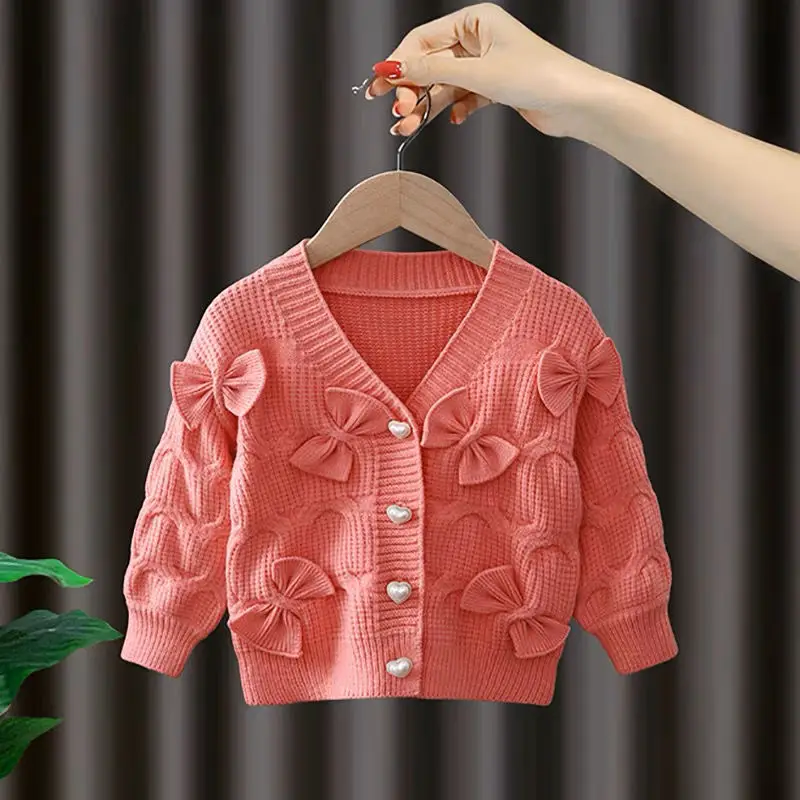 Baby girl knitted cardigan 2024 Spring and Autumn new children\'s bow sweater Western style jacket