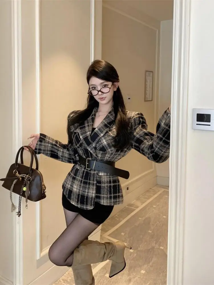 

Корейский женский модный черный клетчатый двубортный пиджак, винтажное элегантное офисное пальто с длинными рукавами, топы, модные осенне-зимние куртки