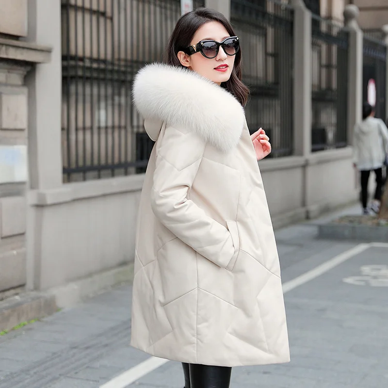 2023 Leather Jacket Down Coat Women Leather Down Jacket Women's New Fox Fur Collar Coats Hooded Fur Coat Sheep Jackets Jaqueta