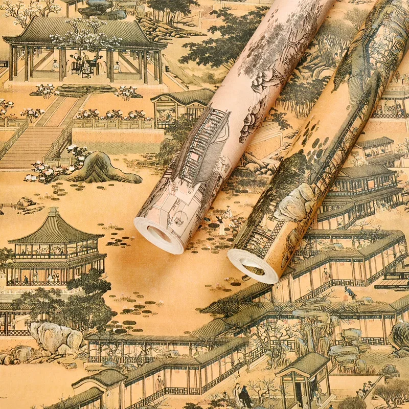 Chinese Classical Qingming Riverside Wallpaper Chinese Wind WallPaper Study Teahouse PVC Waterproof Printing Wallpaper W83