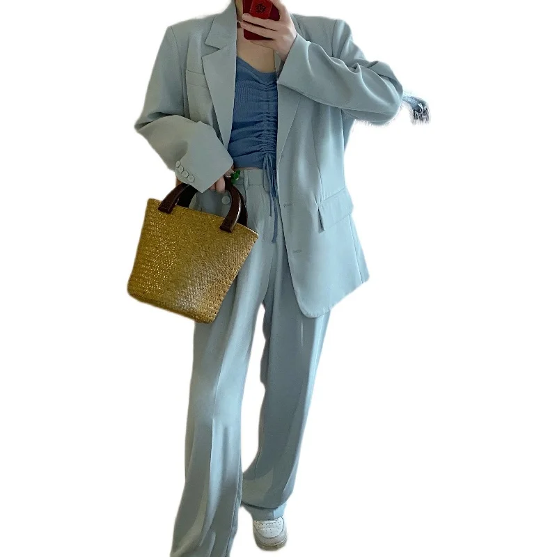 

Повседневный костюм-двойка: удлиненный жакет и брюки, модный женский комплект для отдыха, весна, смесь полиэстера