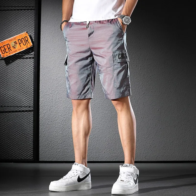 Dazzle Color Reflective Shorts Men 2022 Summer Thin Joggers Casual Streetwear Drawstring Knee Length Cargo Pants