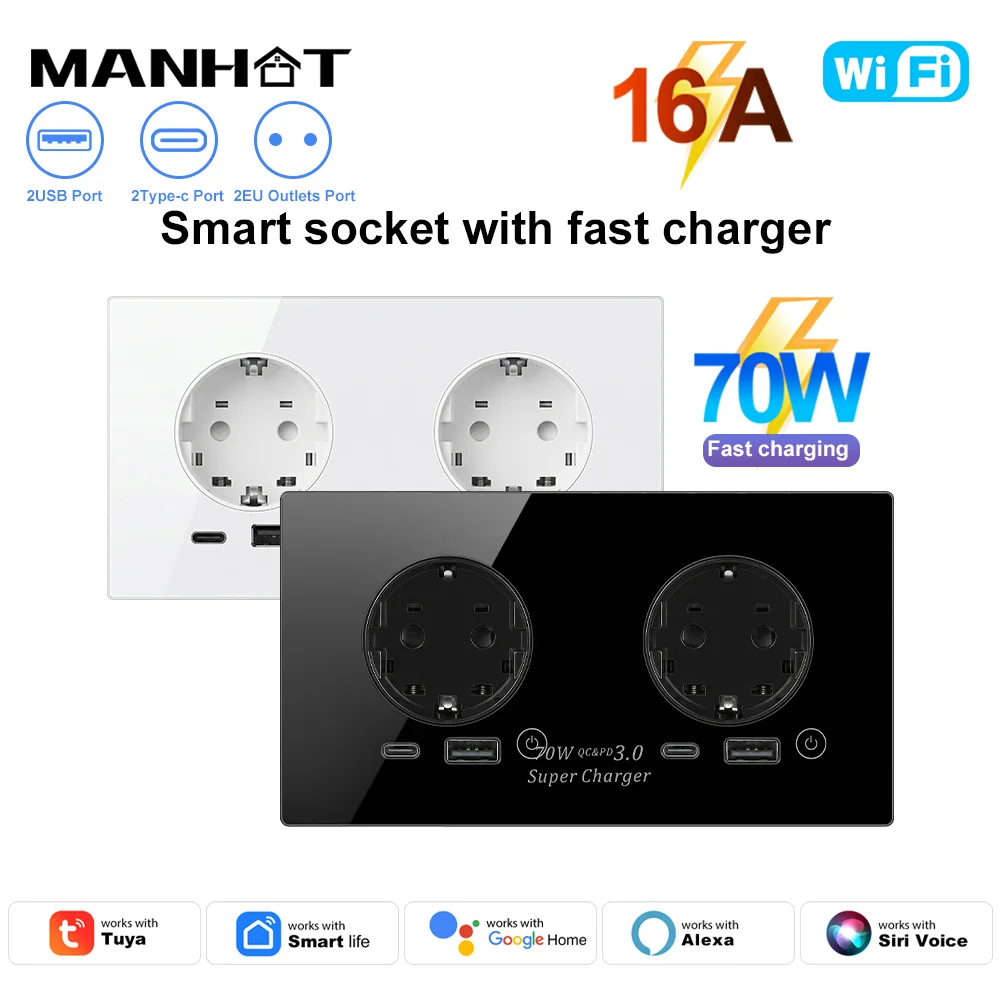enchufe-inteligente-doble-wifi-eu-manhot-16a-con-puertos-de-carga-rapida-usb-tipo-c-de-70w-control-por-voz-siri-compatible-con-tuya-alexa-y-google
