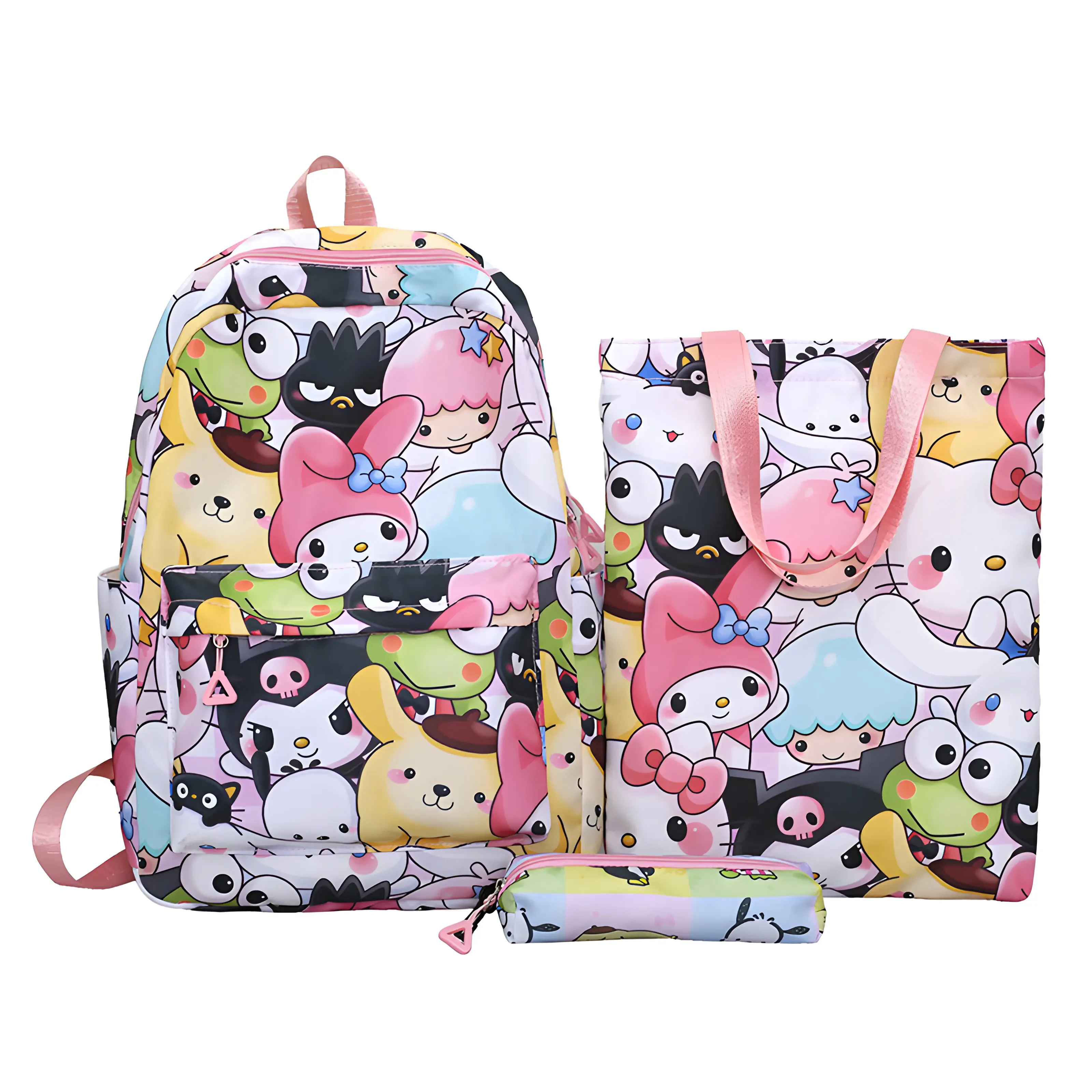 3pcs Cinnamoroll Hello Kitty Sanrio Backpack Set, Kuromi Tote Shoulder Handbag, Casual Outdoor Daypack with Pencil Bag