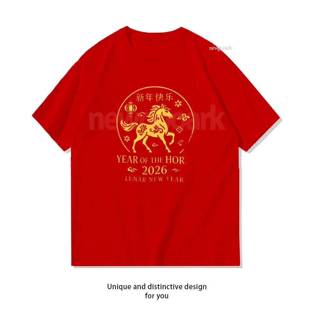 Chinese Zodiac Year of Horse 2026 Printed T-shirt Chinese Lunar New Year Woman Man Cotton T Shirts Happy New Year Short-sleev