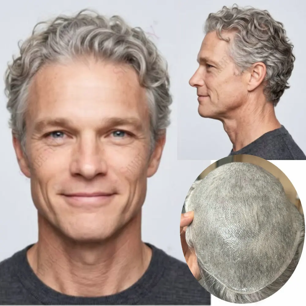 28mm Loose Curly Ultra Thin 0.02mm Skin Natural Hairline V Loop Men Toupee Black Grey Human Hair80Density Men's Hair Prosthesis