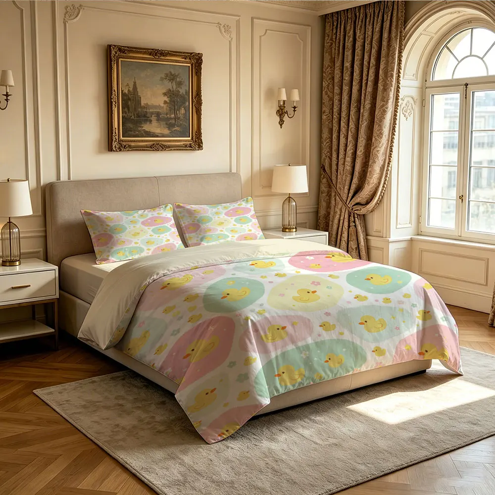 3PCS Cute Little Yellow Duck Color Block Duvet Cover Set (No Insert), Soft Bedding Decoration, Machine Washable Multiple Size - view 6