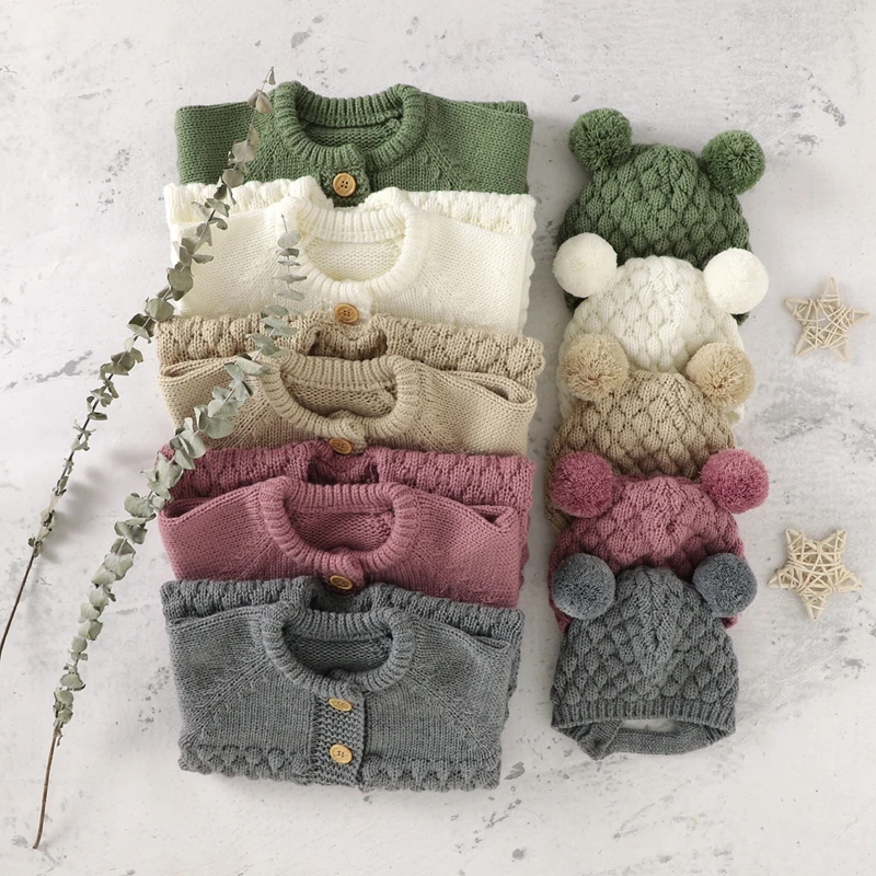 VISgogo 2PCS Baby Fall Winter Clothes Outfits Infant Boys Girls Jumpsuit Long Sleeve Solid Color Knitted Romper + Bear Hat Set