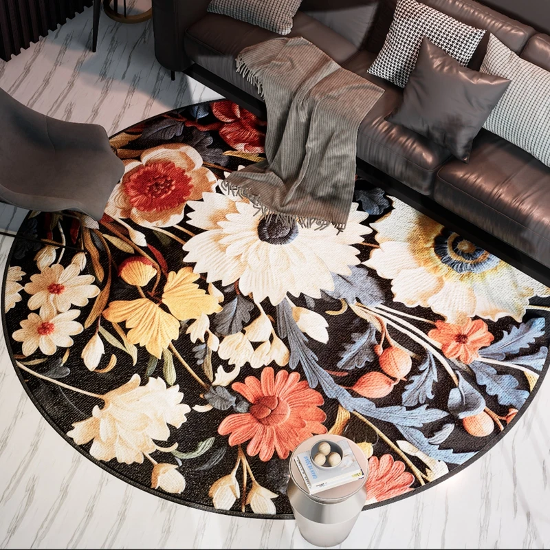 Retro American Rural Style Round Area Rugs 3D Flowers Printed Pattern Home Decor Carpet Bedroom Hanging Basket Non-Slip Door Mat