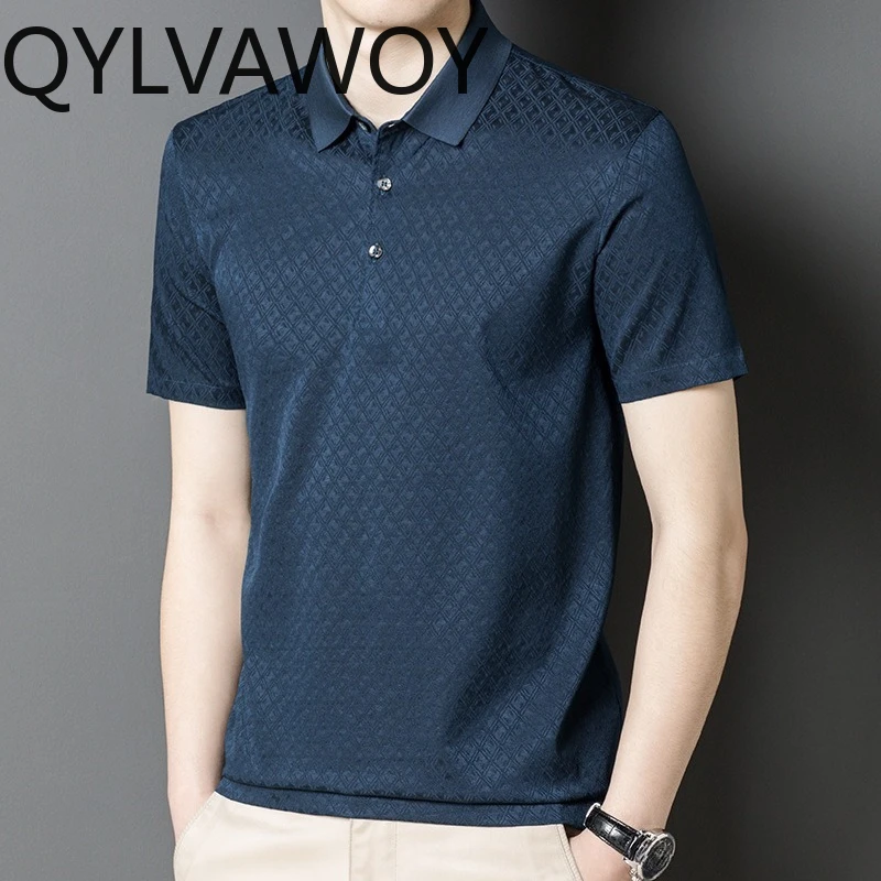 QYLVAWOY 92% Mulberry Silk Men's Polo Shirts Lapel T Shirts for Man Short Sleeve T Shirt New Summer Man Clothes Business Casual