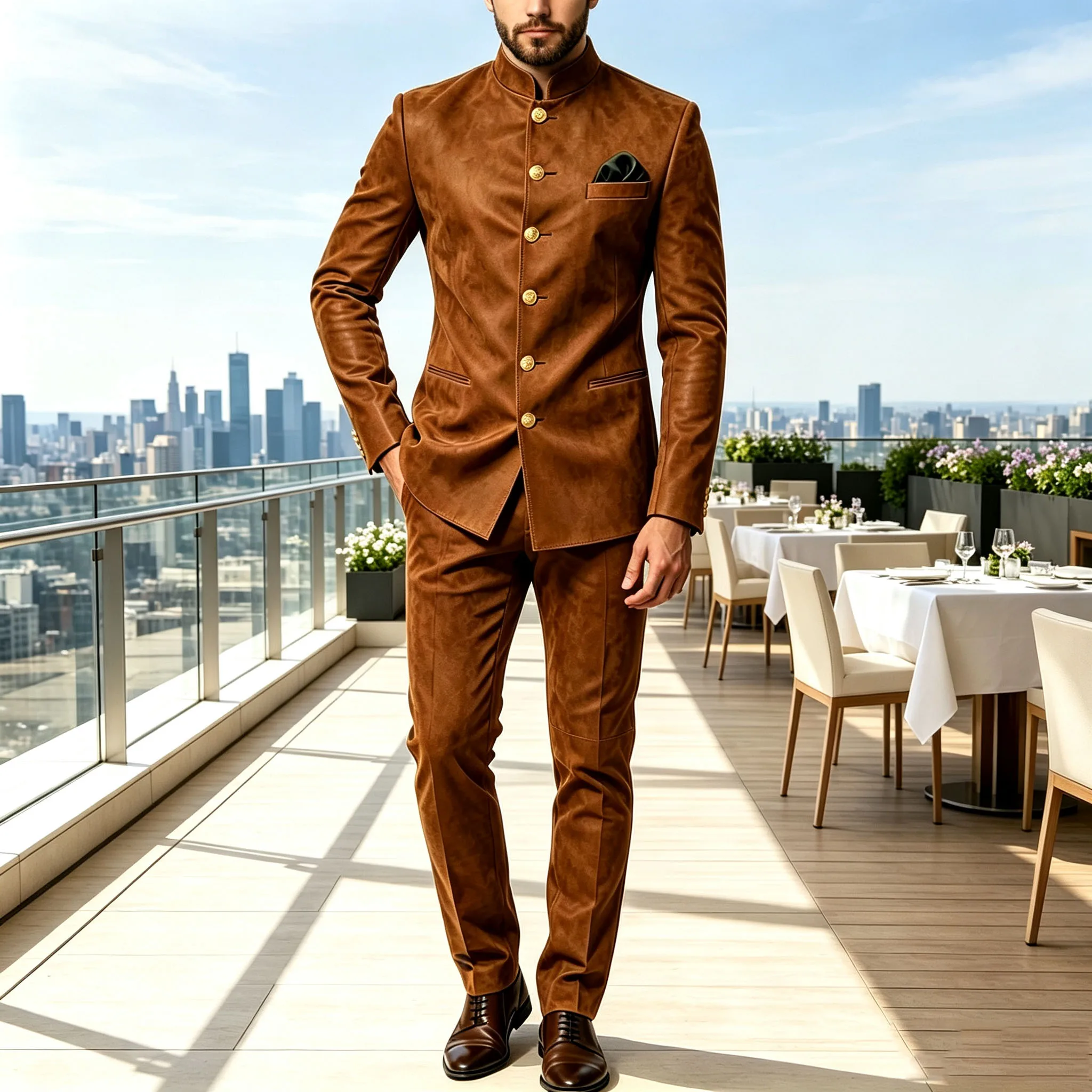 Vintage Men's Suede 2 Pieces Suit Mandarin Collar Slim Fit Gold Button Jacket Pants Formal Gentleman Set Business Wedding Party