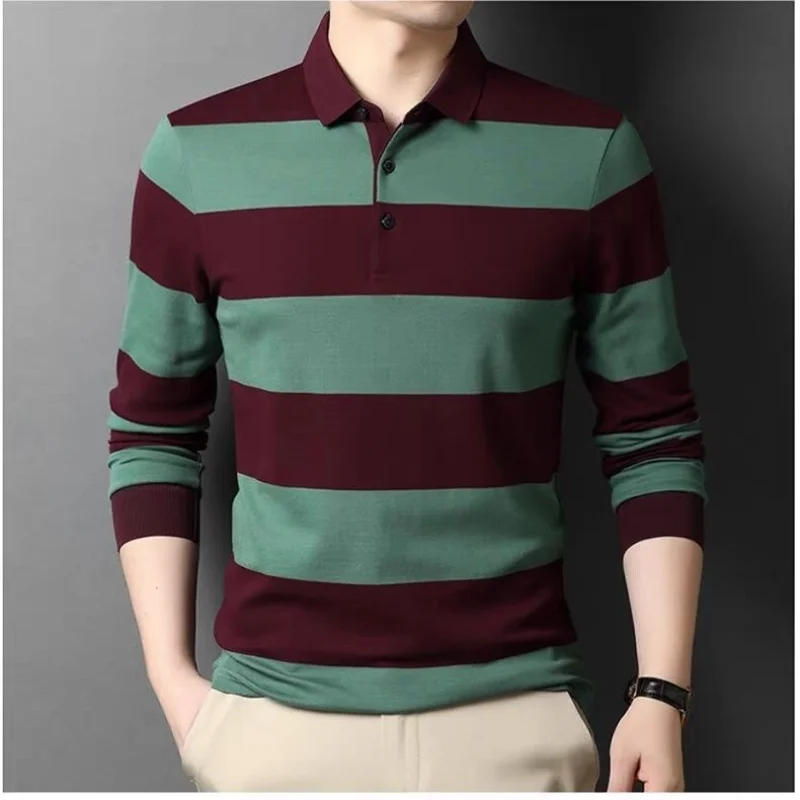 

Middle-aged and Elderly Dad Long-sleeved T-shirt New Lapel Men's Loose Cotton Striped Polo Pocket Casual Top