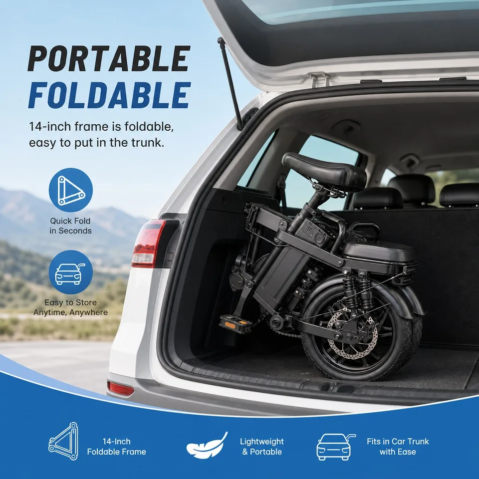 Folding Electric Bike 14" 48V 15Ah, 60km Range 43km/h Commuter E-bike, Dual Disc Brakes 150kg Load Portable Bicycle with Front Basket image 5