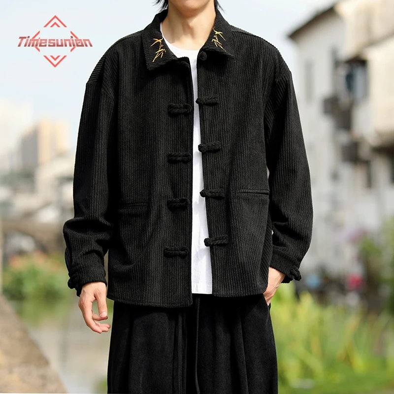 

Autumn and Winter Corduroy Shirt for Man Fashion Lapel Embroidery Long Sleeve Shirt Man Chinese Tang Suit Coat