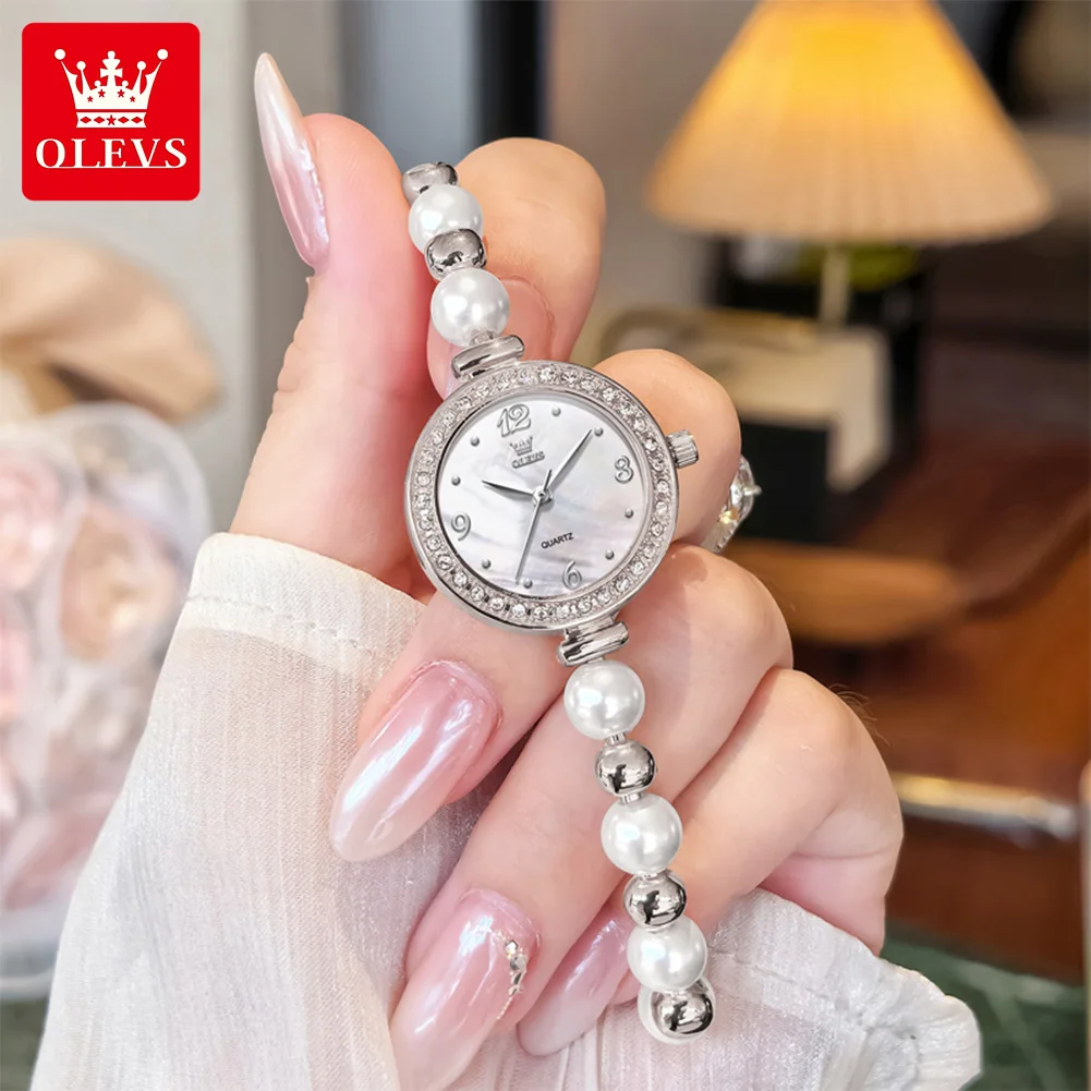 OLEVS 5640 Women Watch Elegant Pearl Strap Diamond Bezel Waterproof Quartz Watch for Ladies