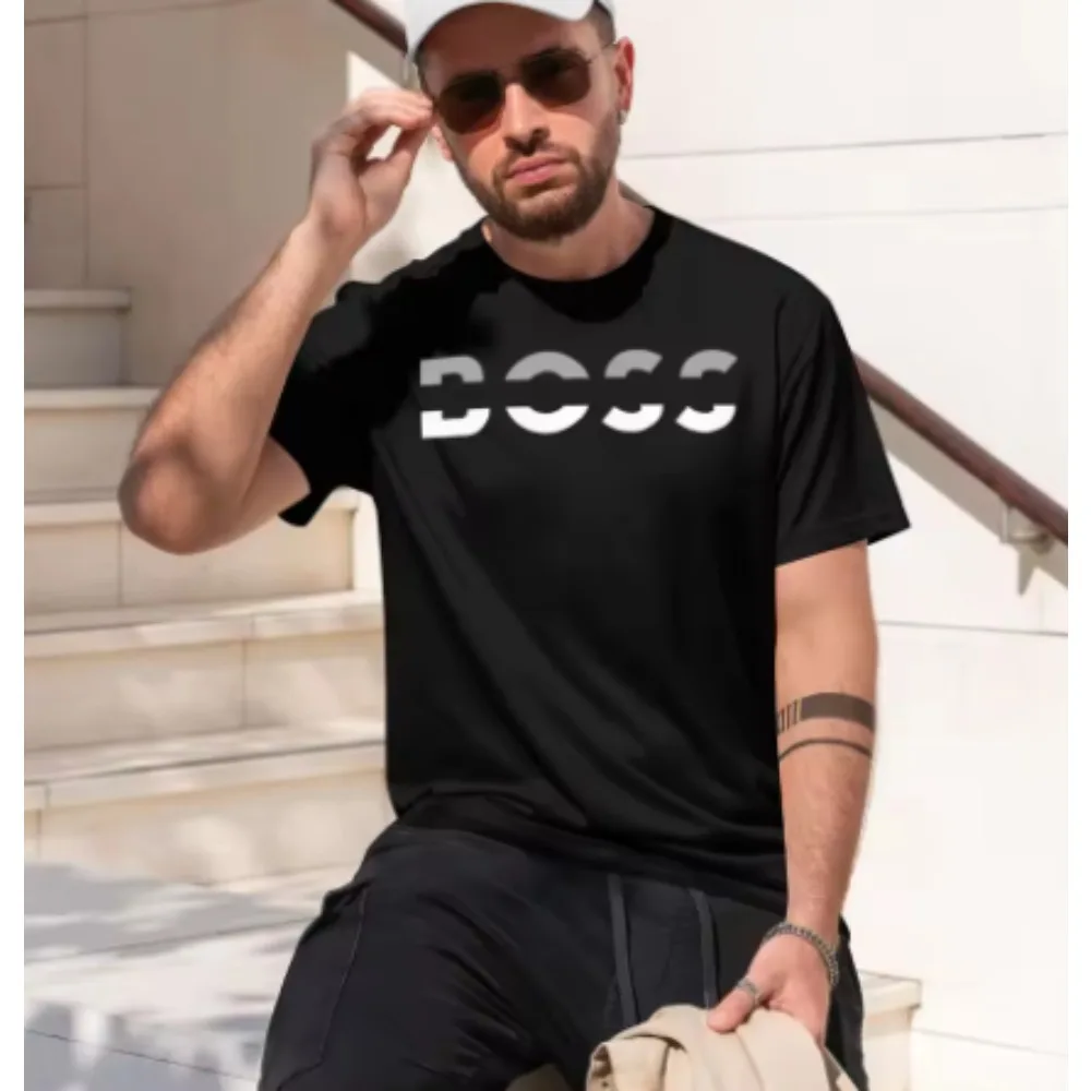 2026 New BOSS Gradient Big Letter Black T-shirt Business Trend Fans Oversized Drop Shoulder Tee