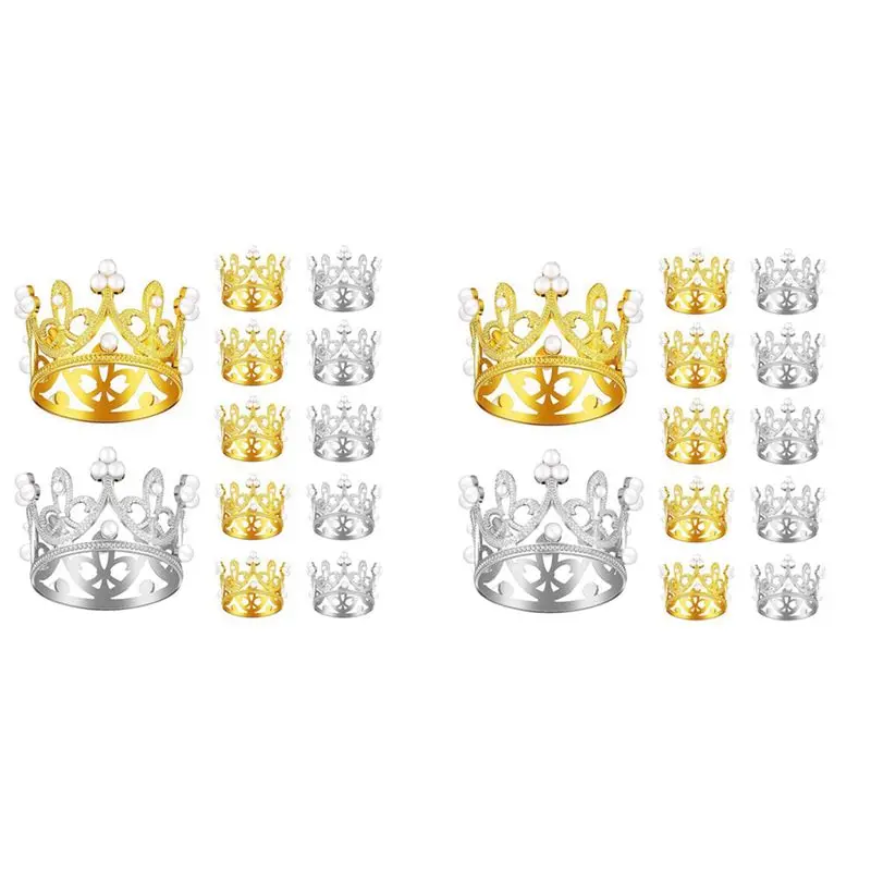 

FIZP 24 шт., золотистая, серебряная мини-корона, топпер для торта на день рождения с жемчужным декором, маленький головной убор принцессы, детская корона, украшение для торта