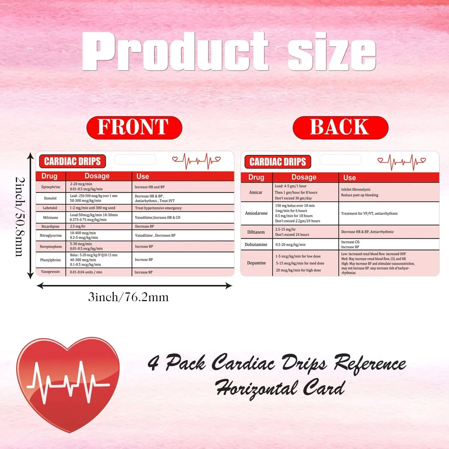 4 Pack Cardiac Drips Reference Horizontal Card Emergency Nurse Reference Card Red