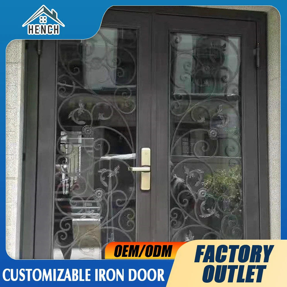 Decorative Wrought Iron Glass Doors With Fly screen Mesh Stylish and Secure Iron Double Doors