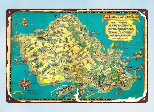 Ruth Taylor 1931 Oahu map Hawaiian metal tin sign posters and prints