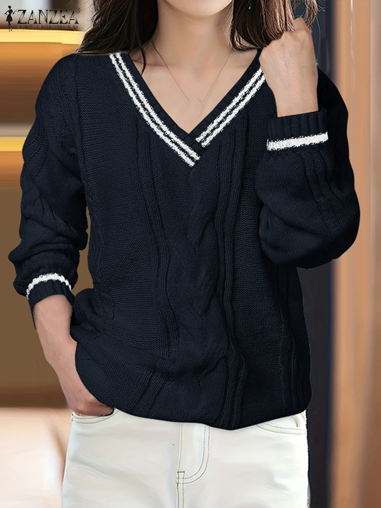 Stylowe damskie swetry ZANZEA zimowe jesienne swetry z dekoltem w serek, dzianinowe pulowery z długim rękawem, modne swetry oversize z patchworkiem 2025
