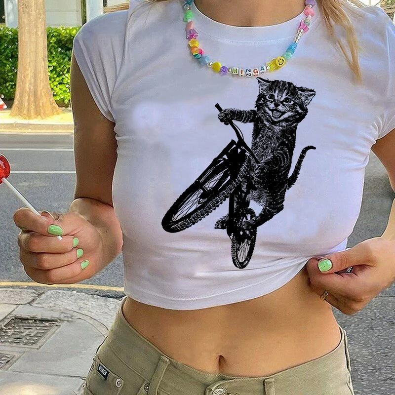 Damska gotycka koszulka z nadrukiem kota w stylu Y2K, vintage, Harajuku, estetyka punk, modna, dopasowana, elegancka, z krótkim rękawem, crop top.