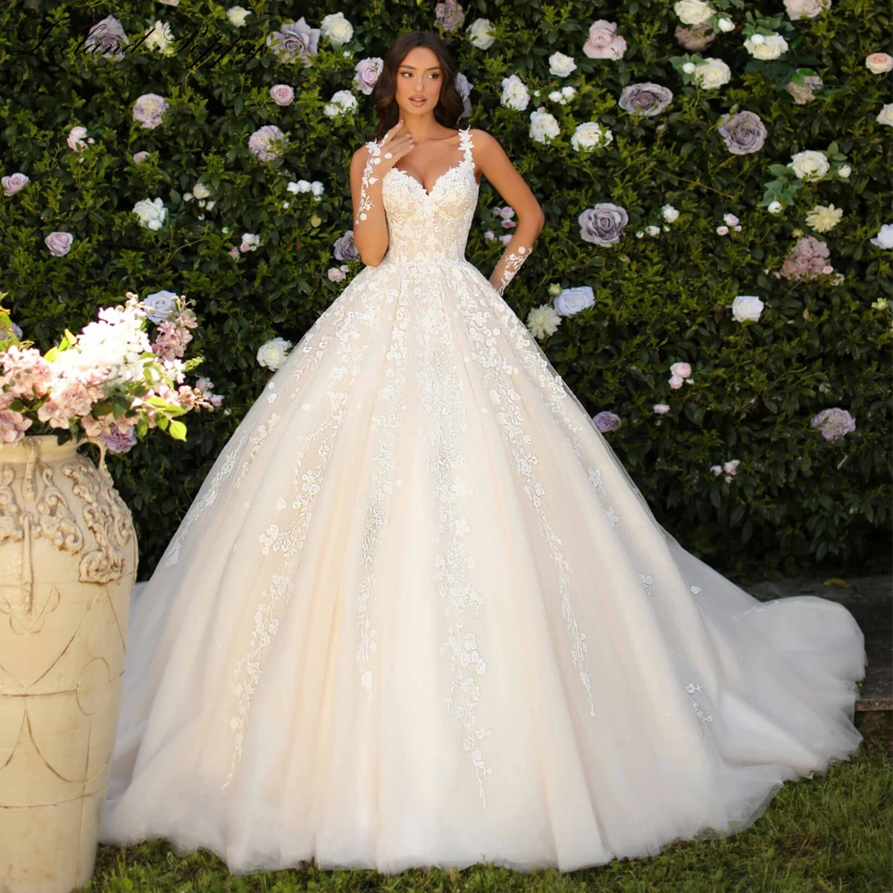 Lceland Poppy Customized Ball Gown V Neck Lace Wedding Dresses Floor Length Sleeveless Bridal Gowns with Chapel Train