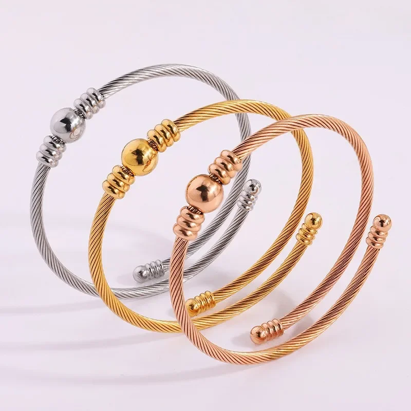 Stainless Steel Bangle Open Mouth Round Bead Delicacy Bracelet Women's High Quality Luxury Colorfast Bracelet Couple Jewerly