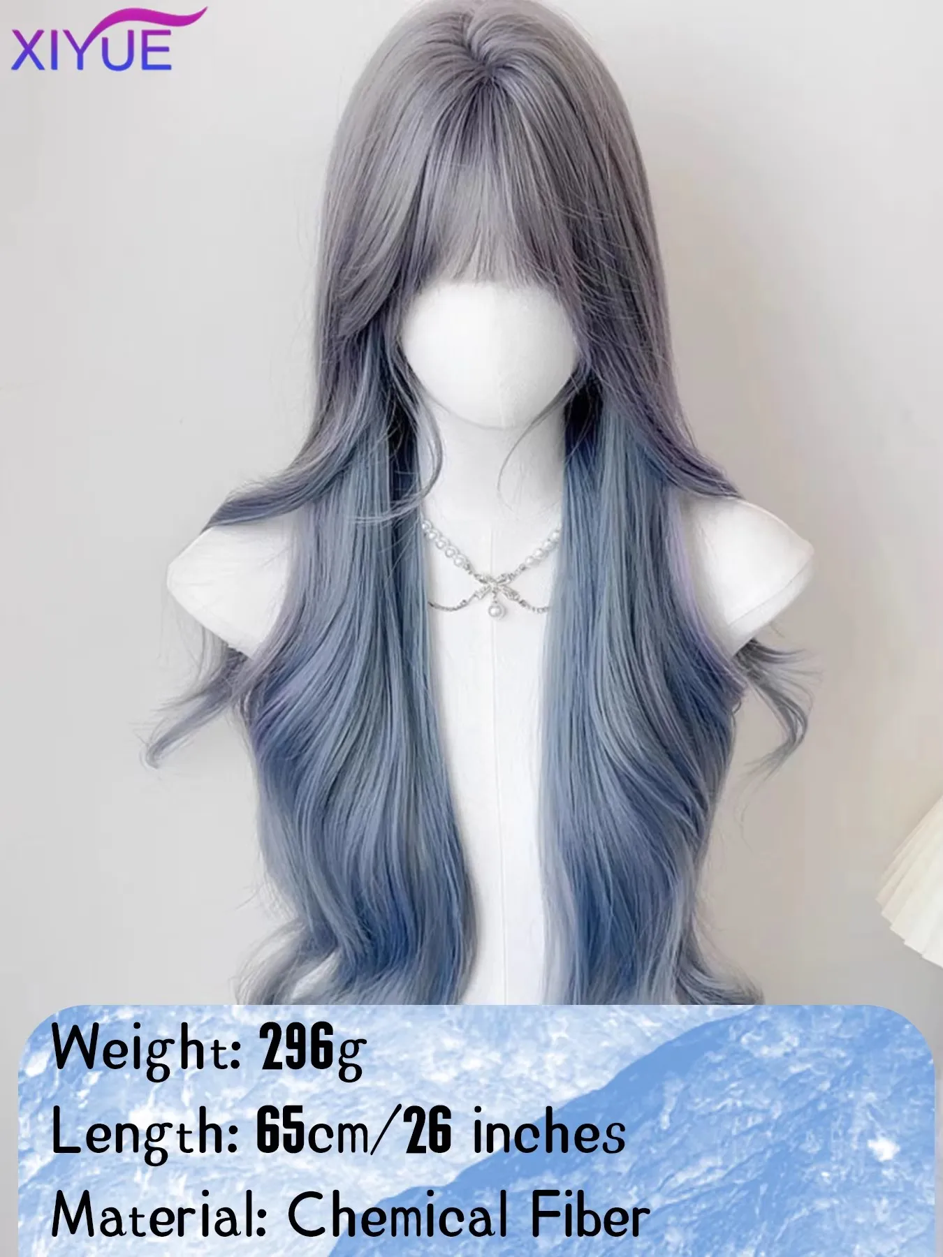 XY Blue with Grey Highlight Long Straight Synthetic Wigs with Bangs Cosplay Hairs Wig for Women Daily Natural Heat Resistant