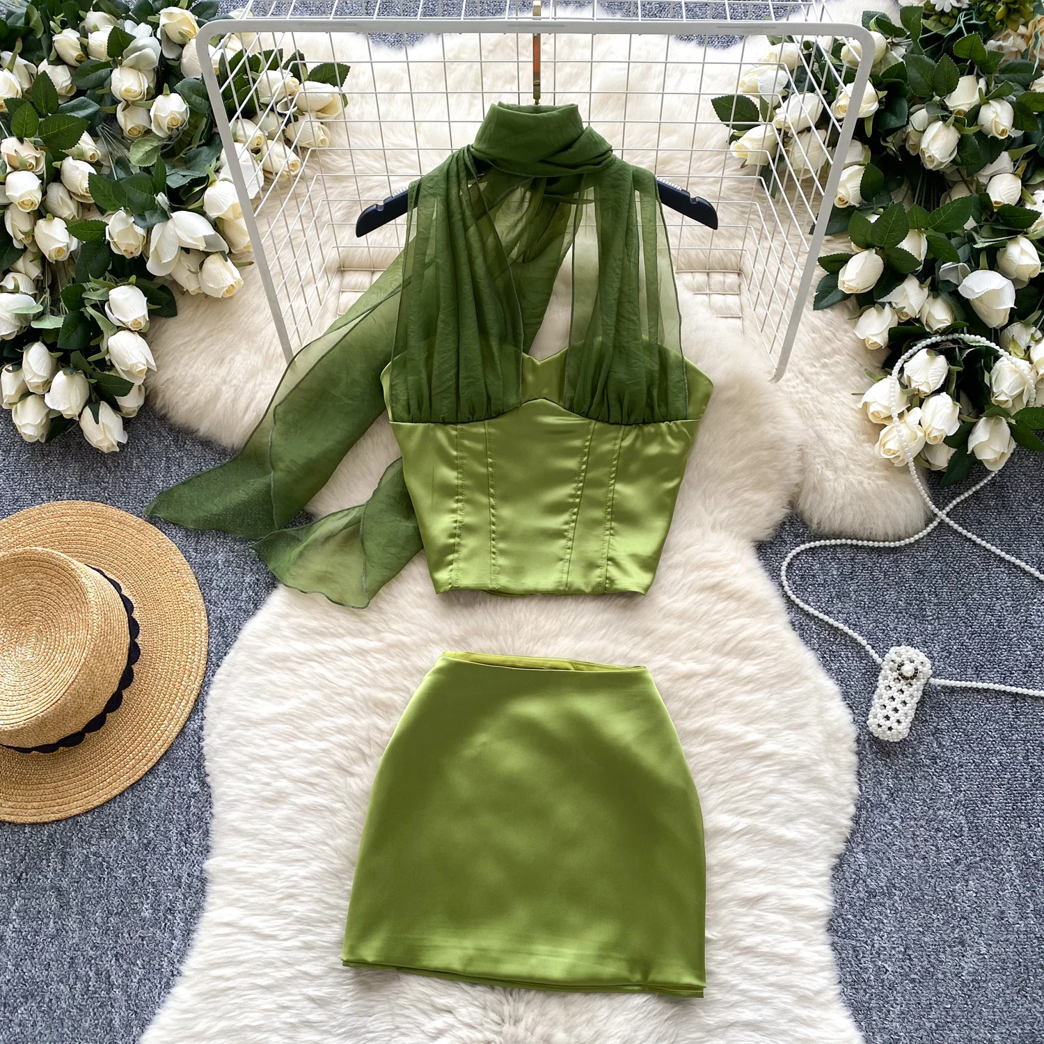 

Женский летний сетчатый модный комплект без рукавов, топ, милый повседневный комплект из двух предметов, мини-платье, платье-карандаш