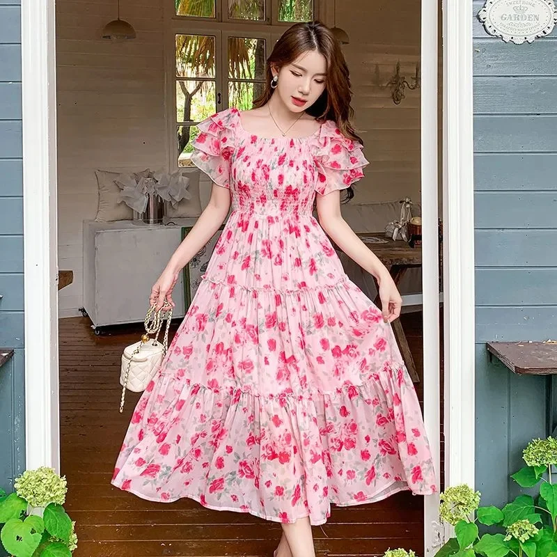 Women Dress 2024 New Summer Pink Chiffon Boho Dress Elegant Floral Beach Chic Casual O-Neck Fashion Long Prom Bodycon Dresses Fo