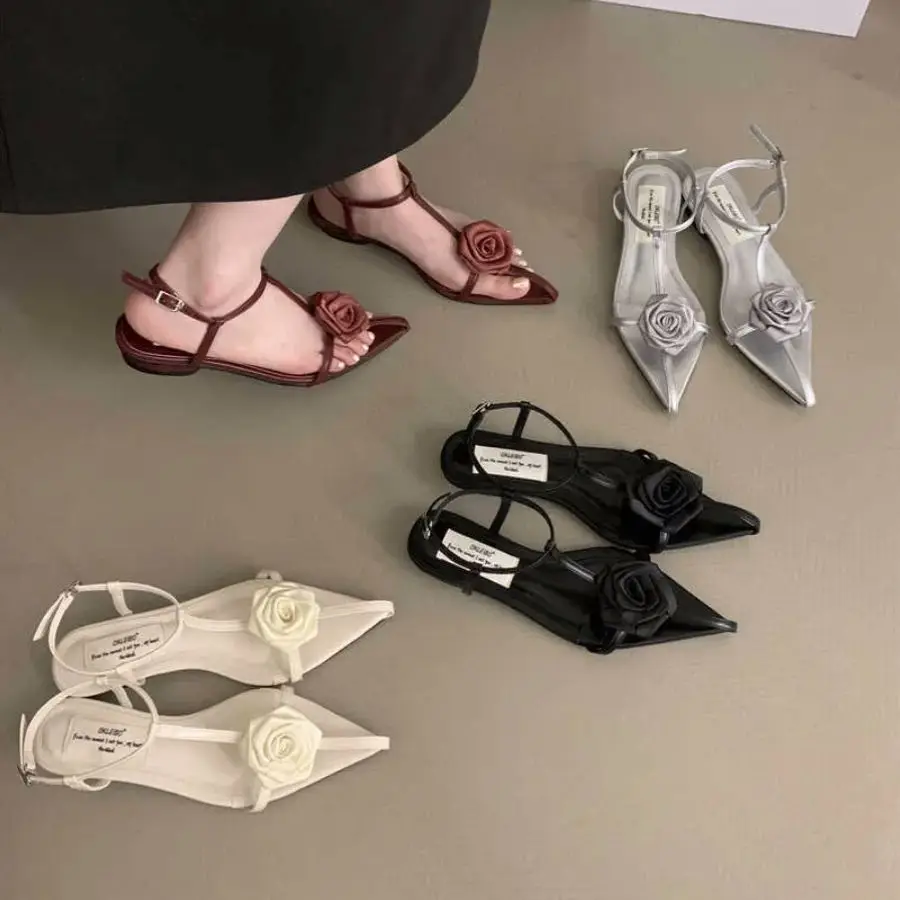 Bailamos Summer New Brand Women Sandal Fashion Big Flower Ladies Elegant Slingback Shoes Narrow Band Flat Ladies Gladiator Shoes