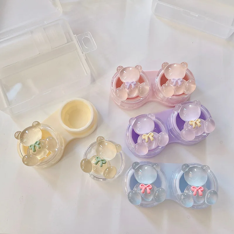 Contact Lens Box and Tweezers Crystal Three-dimensional Bear PP Care Box Cute Contact Lens Companion Box with Tweezers Set