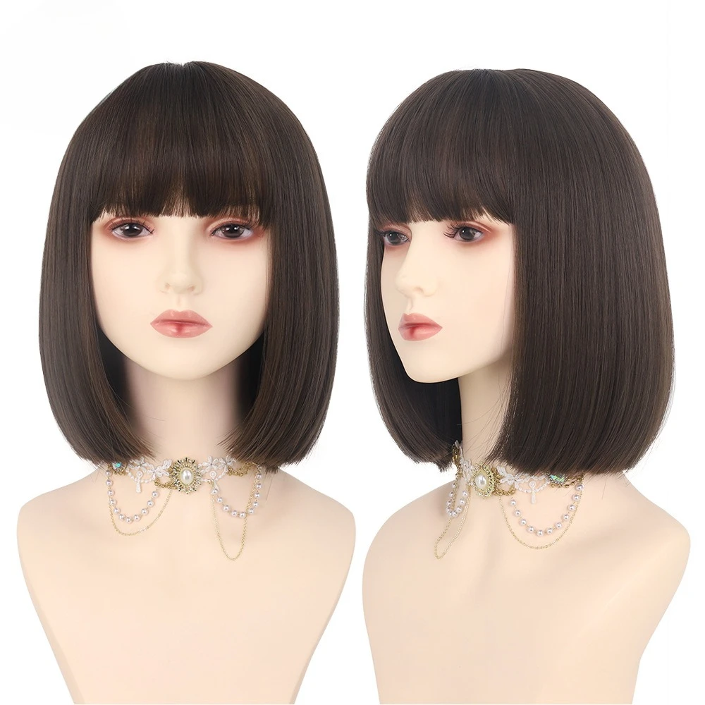

Women's short hair Bobo head full head cover breathable rose mesh chemical fiber hair trimming collarbone hair wig headgear