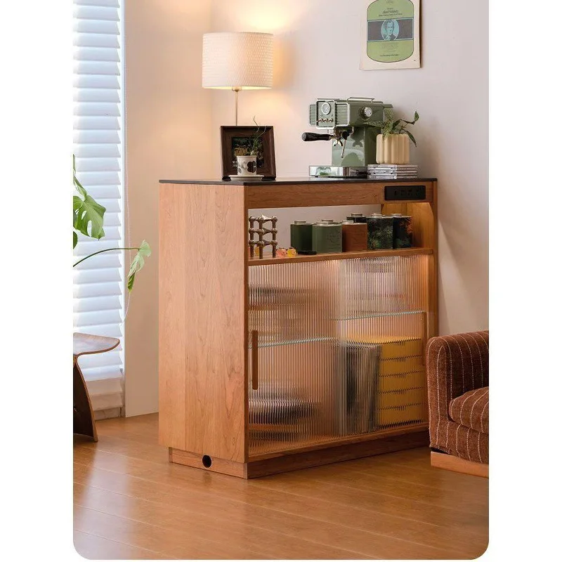 Open bar cabinet, solid wood home, balcony partition, cherry wood rock slab small bar counter