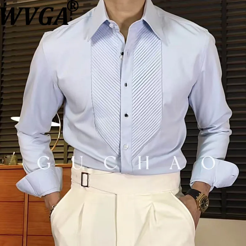 

Мужская рубашка WVGA с длинным рукавом, воротником-стойкой и эффектом помятости, в французском стиле, весна-осень, новинка, легкий люкс, нишевый шик, повседневный топ W22002