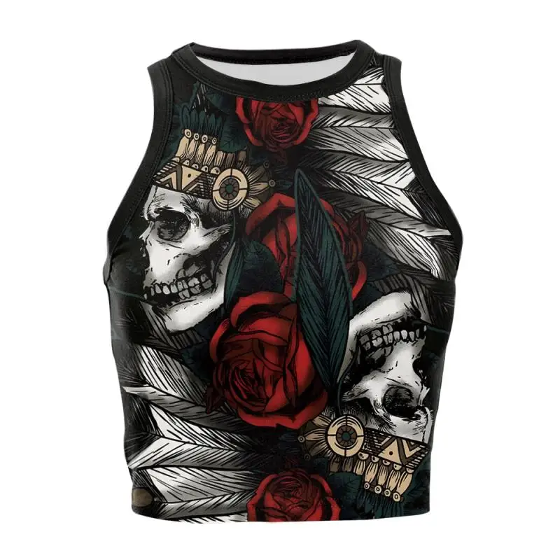 Nadanbao Damen-Crop-Top mit Geister-Kürbis-Print, kurze Weste mit Rosen-Totenkopf-Muster, sexy, schmales, ärmelloses Hemd, Halloween-Party-Top – Detail 30