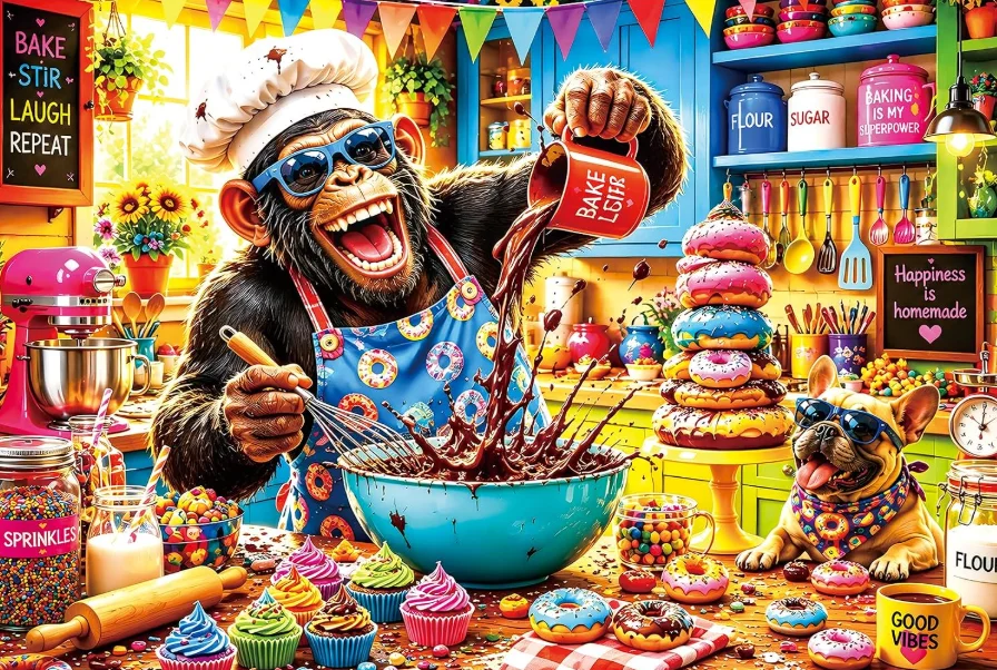 Jigsaw Puzzle 500/1000/1200/2000PCS Chimpanzee Chef Baking Kitchen French Bulldog Donut Cupcake Dessert DIY Home Decor Gift