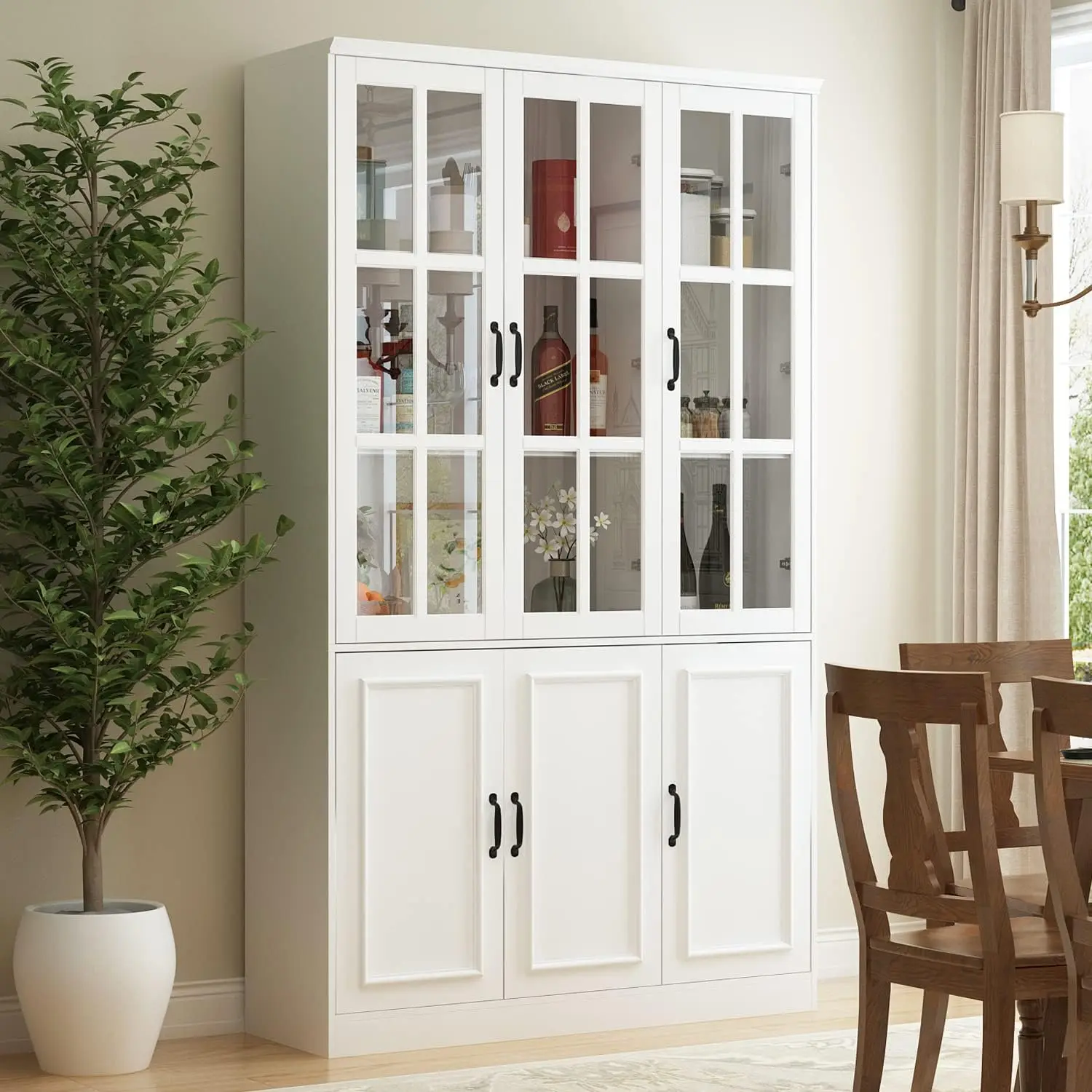 Bookshelves with 10 storage shelves and 3 glass doors, wooden display lockers with 10 compartments for a home office