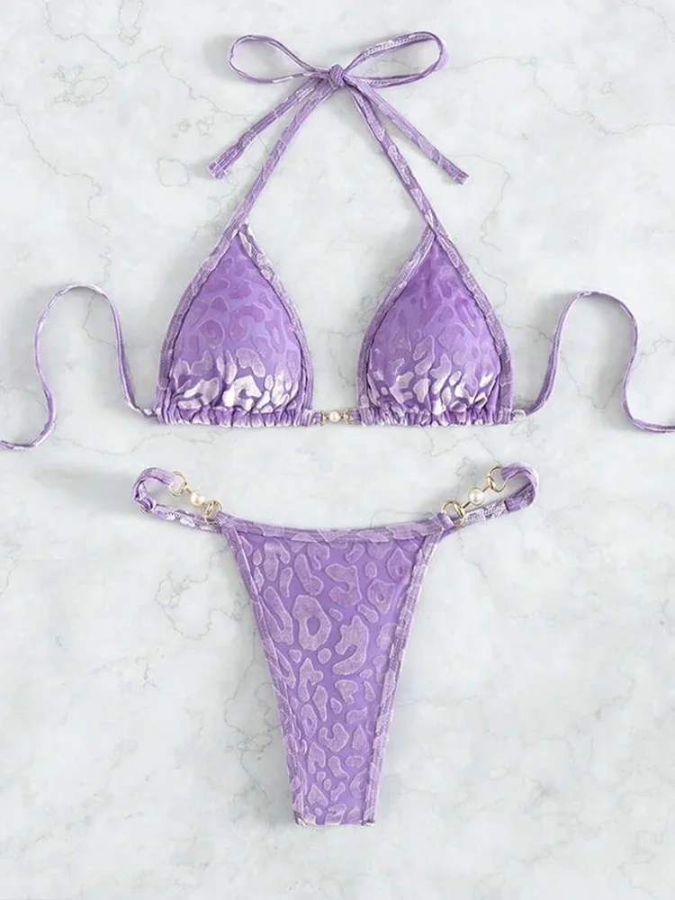 

Sexy Leopard Lace Up Bikinis Sets Women 2025 New Summer Swimwear String Halter Triangle Micro Bikini Thong Sexy Split Swimsuits