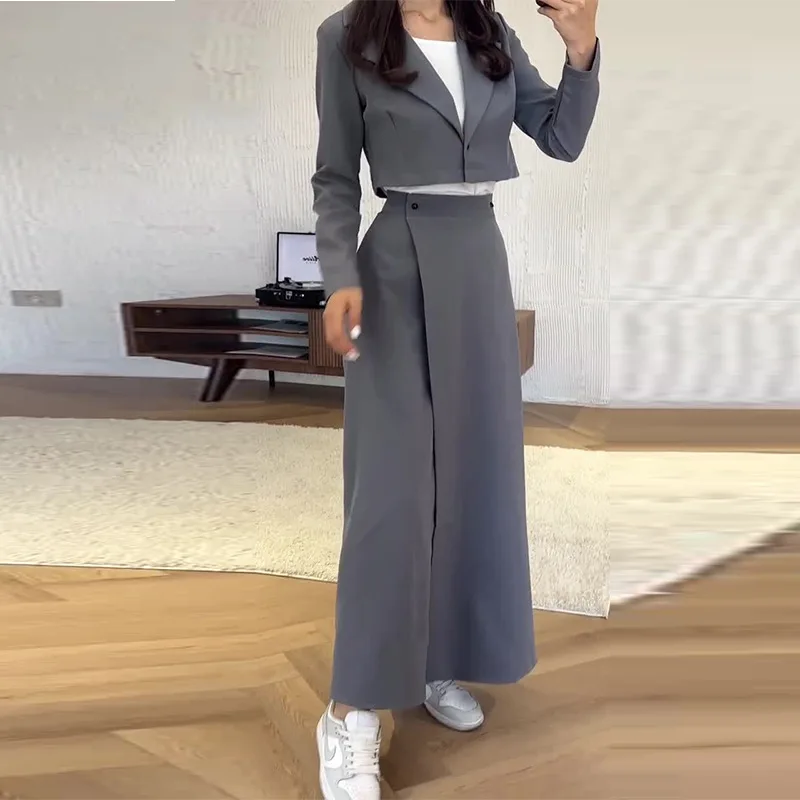 

Офисный женский спортивный костюм Элегантный женский комплект с юбкой Y2K Короткий пиджак на пуговицах с длинными рукавами Пальто Плиссированная макси-юбка Комплект из двух предметов