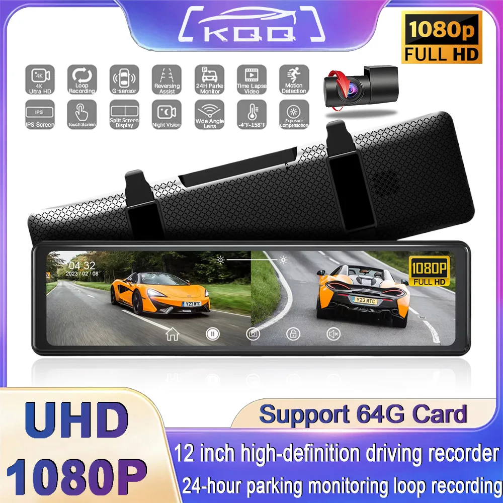 KQQ nuevo T36 12 ''1080P pantalla táctil Dvr espejo Dashcam con sensor G AVI Video soporte 24H Monitor de estacionamiento visión nocturna para coches