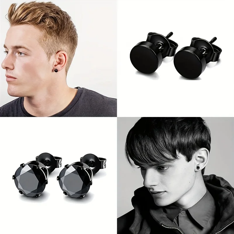 1 Pair 6mm Stainless Steel Classic Round Square Cubic Zirconia Ball Stud Earrings For Men Women Girls Black Silver Color
