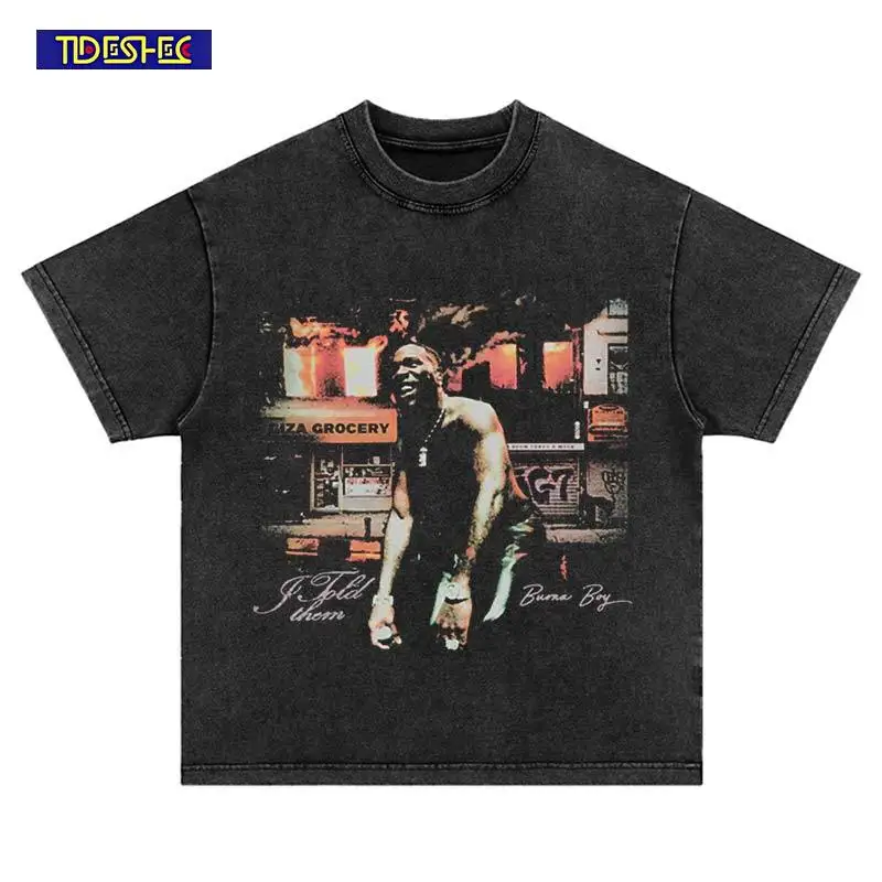 

2025 Hip Hop Vintage Summer Punk Tshirt Harajuku Portrait Print T-Shirt Streetwear Washed Fashion Oversized Cotton Short Sleeve