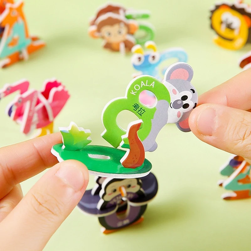 Mainan Jigsaw hewan kartun Puzzle angka 3D, mainan anak kecerdasan pendidikan DIY buatan tangan 5 buah