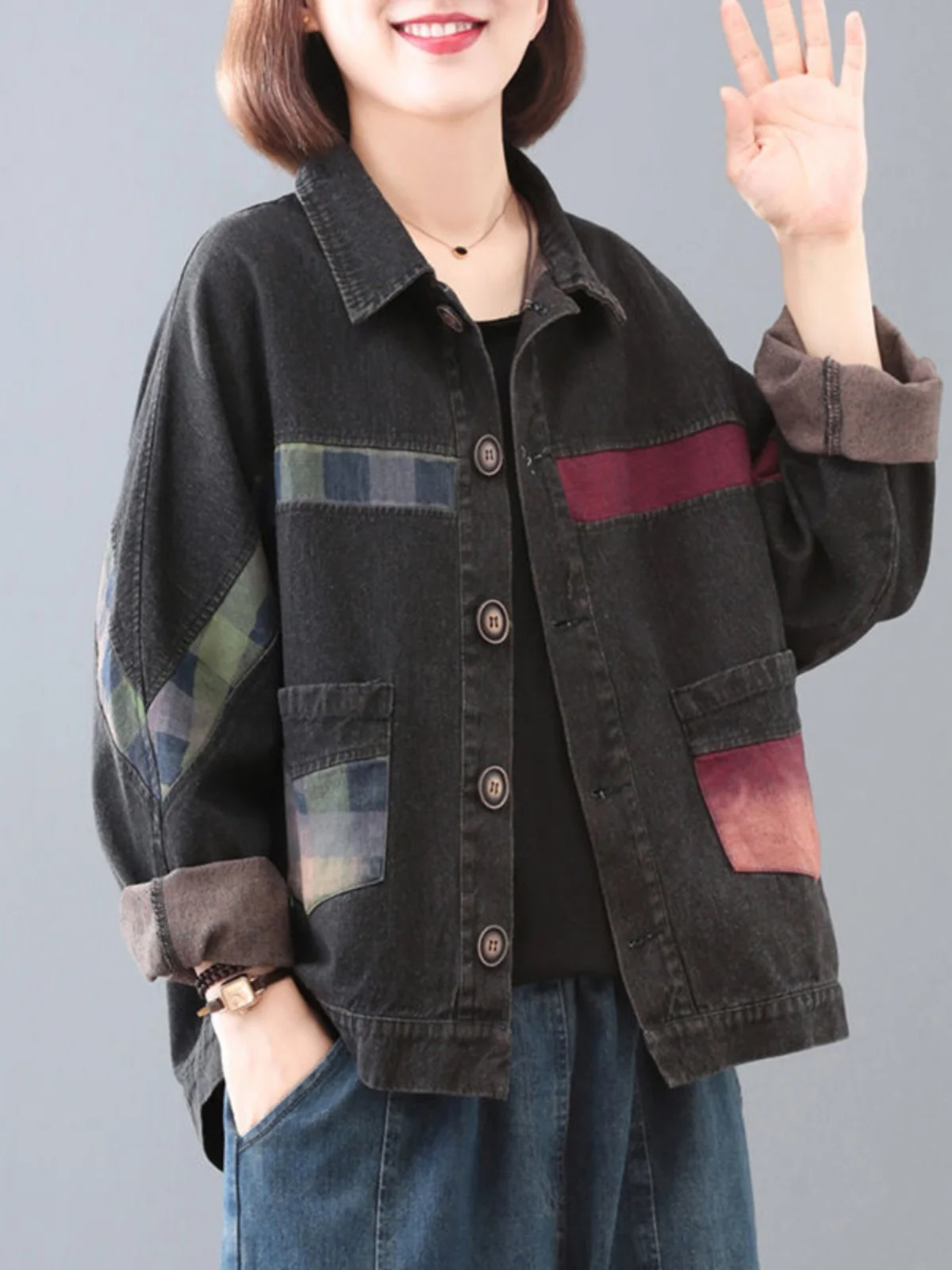 Retro Sle Oversized Faded Color Blo Women's Denim Jaet Spring Autumn Loose Fit  Collar Button Closure Long Sve