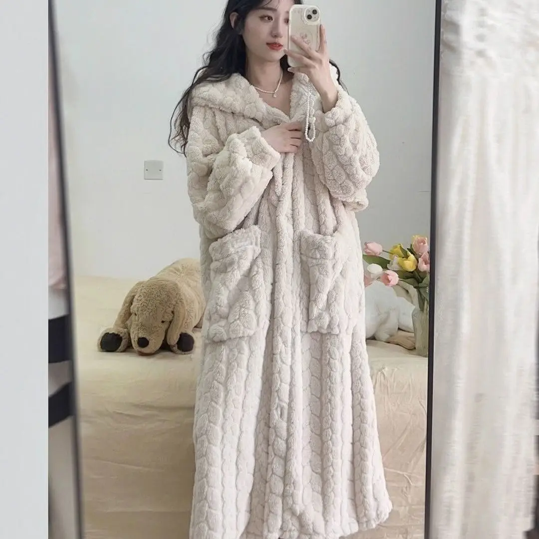 Winter Loose Pocket Robe for Women Nightdress Warm Fleece Pajama One Piece Hooded Sleeping Solid Home Wear