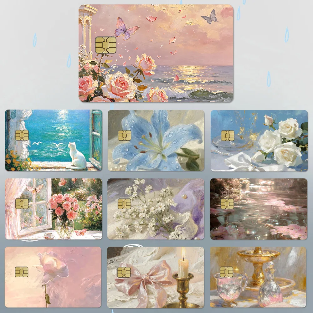 

French Romance Flower Bowknot Cat Oil Painting Credit Debit Card Sticker PVC Film Skin Sticker DIY Bus Pass Sticker Decoration